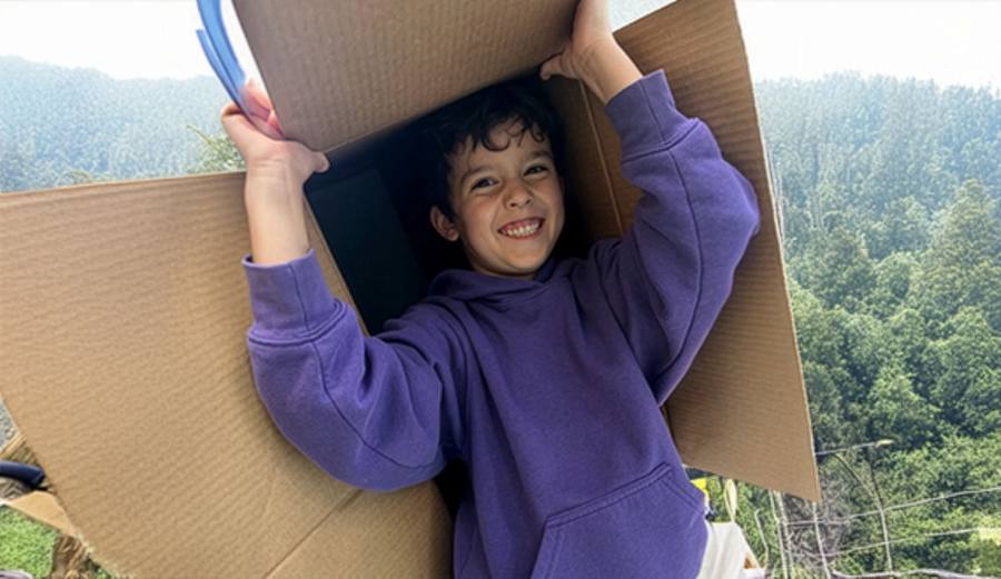 Smiling boy playing inside a cardboard box