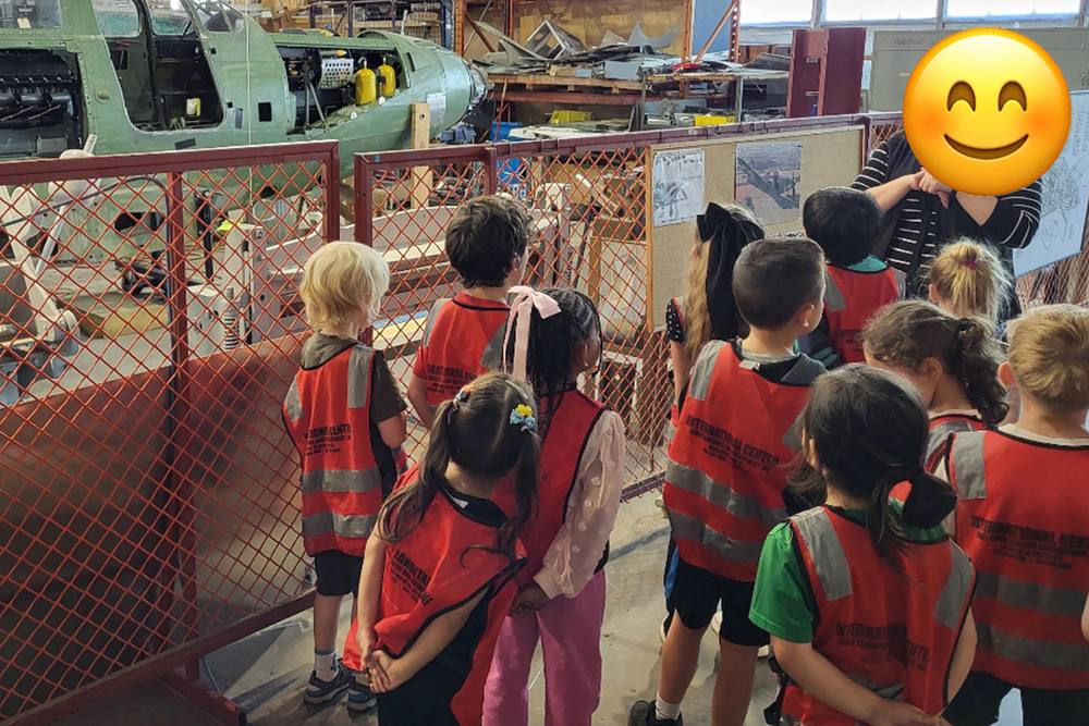 Children in safety vests looking at animals on a field trip